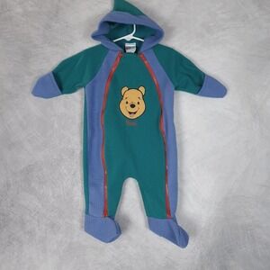 Vintage Pooh Fleece Bunting Pajama One Piece Baby 6-12M Hooded Blue Winnie 90s